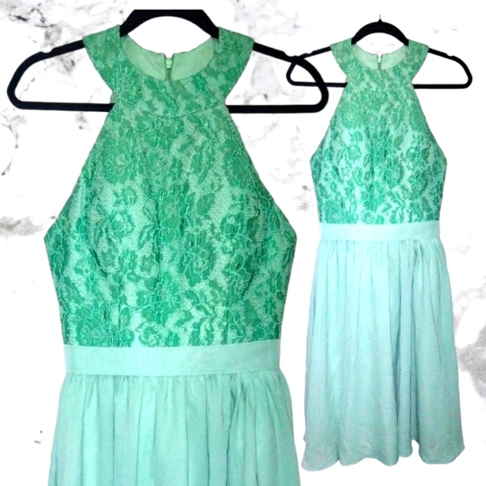 Sleeveless Halter Short Party Dress Green on Light Green Fitted Padded Zip Back